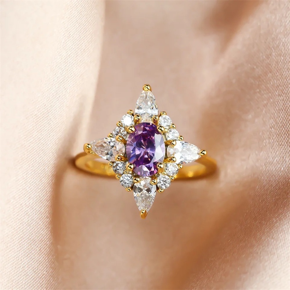 Lab Created Amethyst Gold Plated Crystal CZ Lilac Purple Gemstone Ring size 7 - Picture 2 of 4